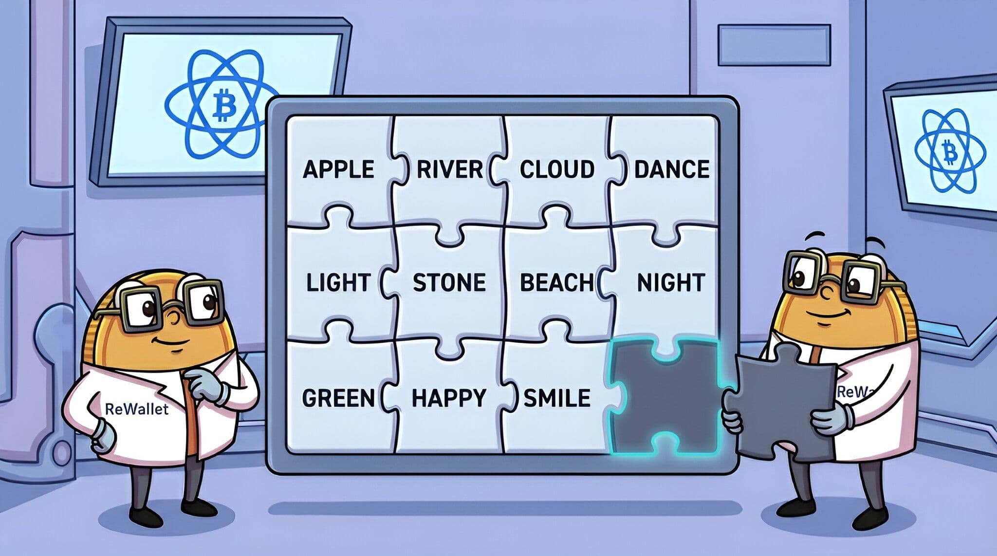 Two ReWallet experts working to recover a missing Electrum custom word extension, illustrated as a puzzle with one piece missing