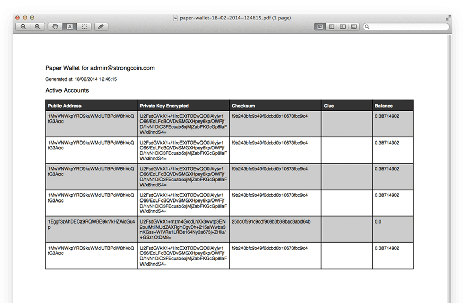 Strongcoin Bitcoin wallet paper backup with the encrypted private keys.